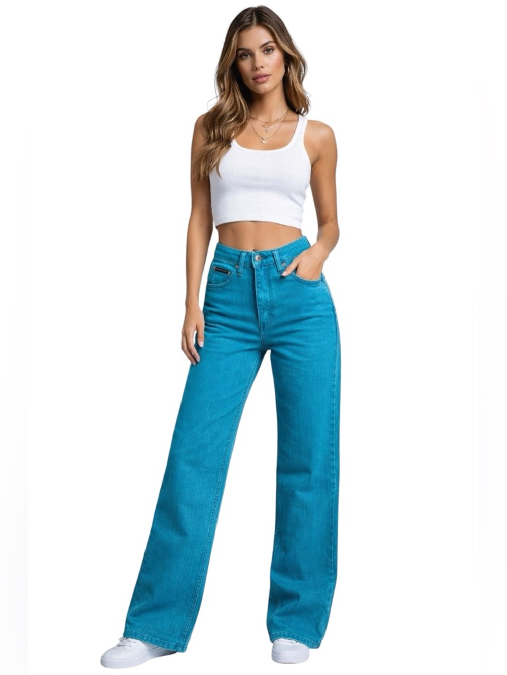 Calvin Klein Teal Blue High-Rise Wide Leg Jeans